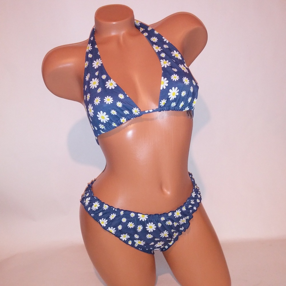 Victoria Secret PINK Swim Bikini Small Top Medium Bottom Blue White Floral Daisy